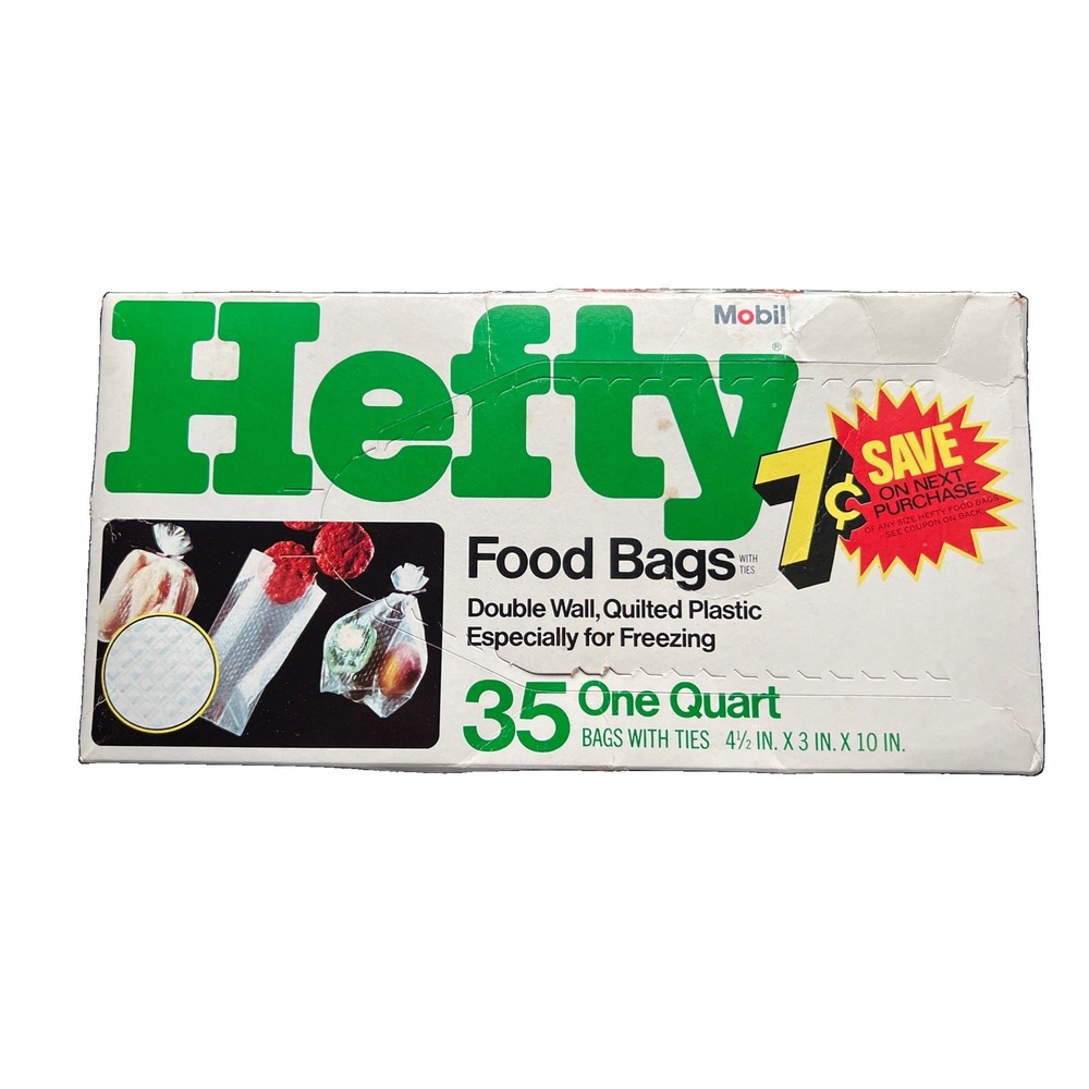 Vintage 1973 Mobil Hefty One Quart Double Wall 35 Food Bags With Ties Retro NOS